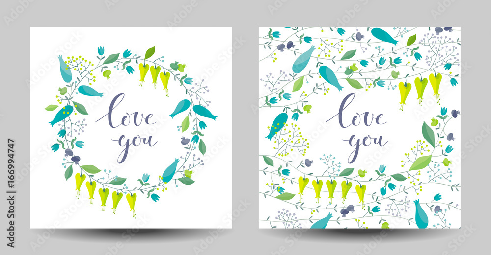 Set of the two flowers and herbs vector cards