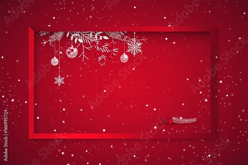 Merry christmas and Happy new year 2017 holiday red sparkling background. Happy holidays banner with snowflakes, branches and berries, red frame and christmas decoration .  Vector illustration.