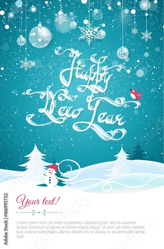 Happy new year 2018 Text Design.Happy new year hand lettering. Happy holidays banner with christmas decorations and snowbanks on blue sparkling background. Greeting card. Vector illustration.