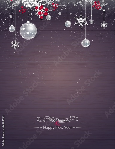 Merry christmas and Happy new year 2018 holiday background. Happy holidays banner with snowflakes? branches and berries and christmas decoration isolated on wooden background. Vector illustration.