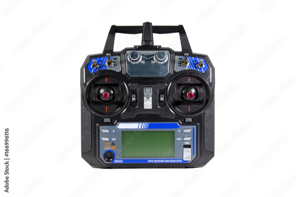 Wireless remote control for RC car, boat, bait boat, airplane, helicopter, drone isolated on white Wireless remote control for RC car, boat, bait boat, airplane, helicopter, drone isolated on white
