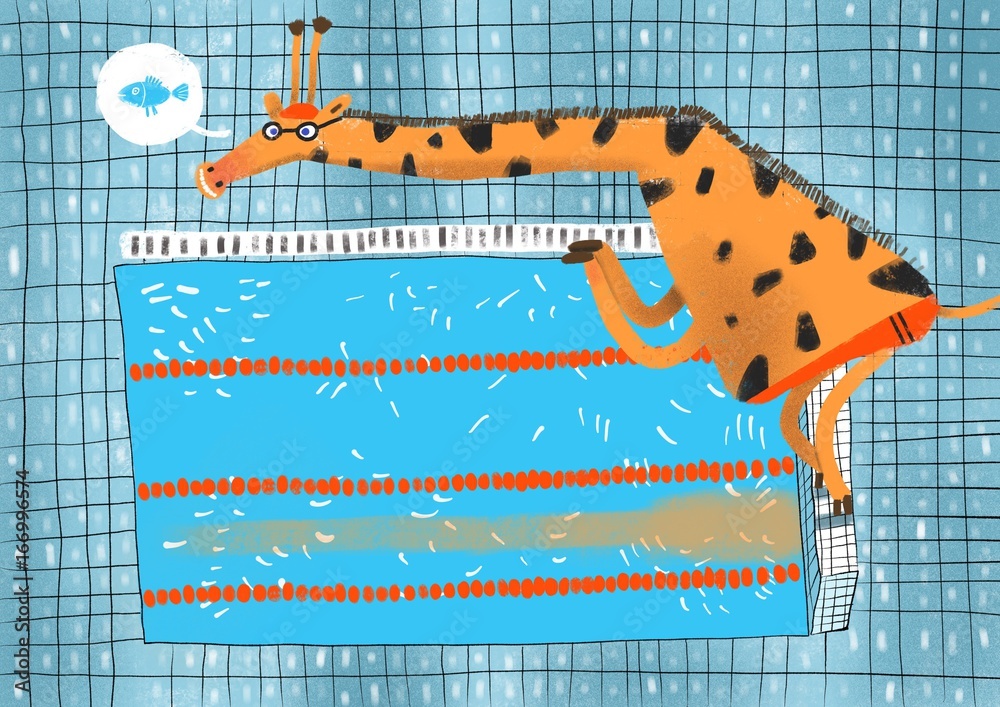 Naklejka premium Cartoon illustration of giraffe in waterpool