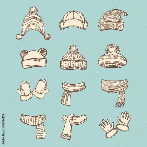 Vintage style hand drawn winter accessories set, vector illustration