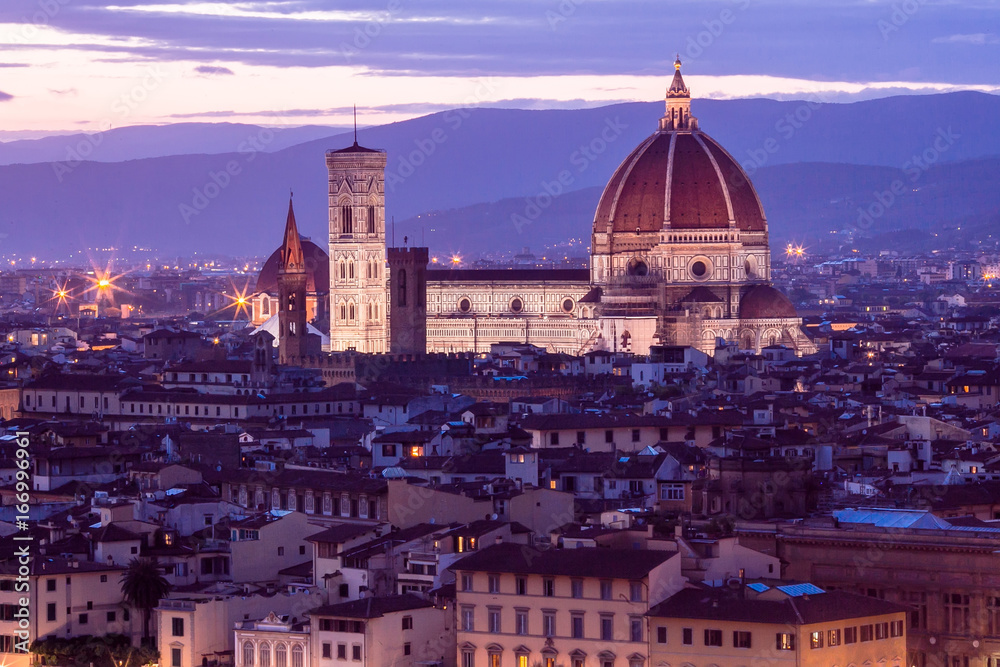 Italy, Florence. View of the Cathedral of Santa Maria del Fiore from Piazzale Michelangelo.Evening, sunset.
