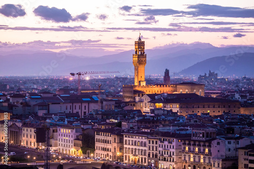 Italy, Florence. View of the Palazzo Vecchio from the Piazzale Michelangelo. Evening, sunset. © Watercolor_Art_Photo