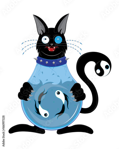 Black cat with a body an aquarium