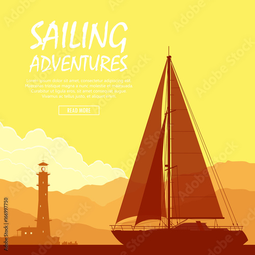 Sailing yacht at sunset. Landscape with luxury yacht and huge lighthouse on the mountain background. Vector illustration.