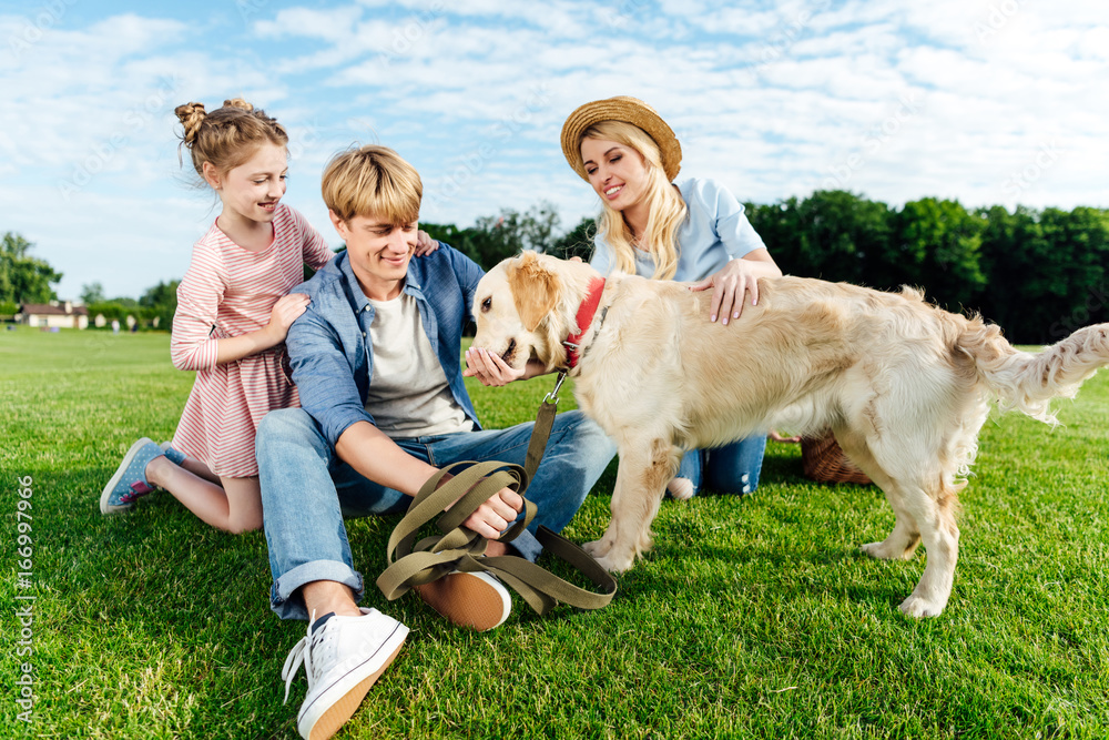 happy young family stroking dog while sitting on green grass at park happy young family stroking dog while sitting on green grass at park