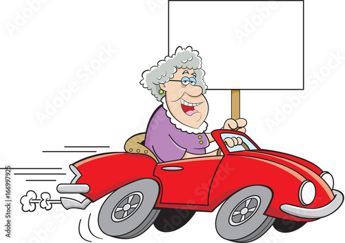 Cartoon illustration of an old lady driving a sports car and holding a sign.