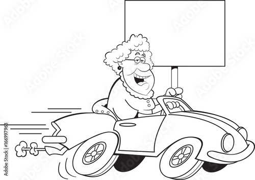Black and white illustration of an old lady driving a sports car and holding a sign.