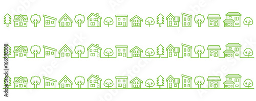 デフォルメした家と木の並び(線画エコイメージ)