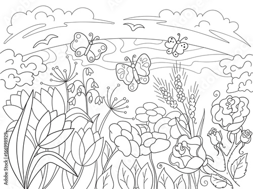 Fototapeta Naklejka Na Ścianę i Meble -  Childrens coloring cartoon Glade with flowers in nature.
