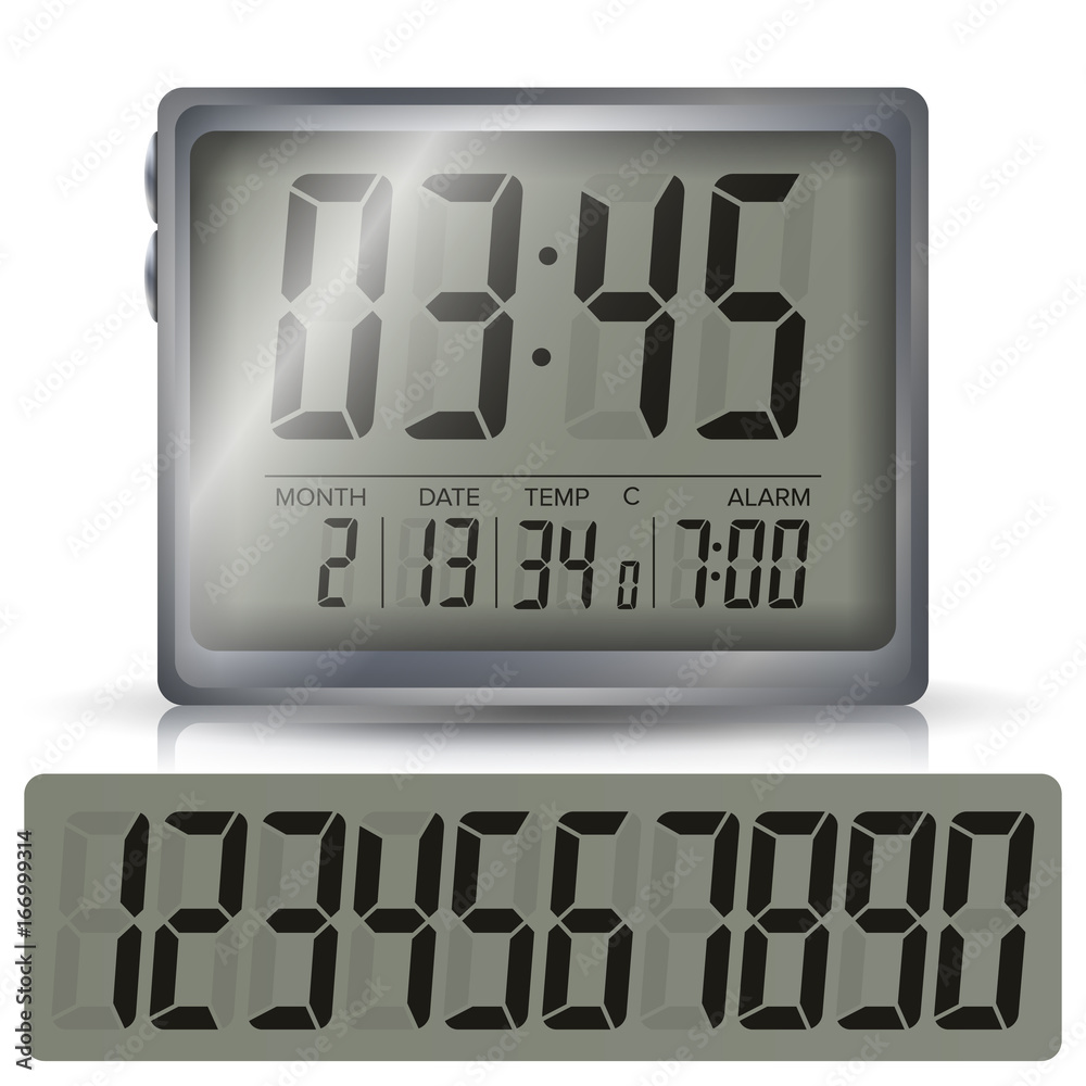 Alarm Digital Clock Vector. Black Numbers, Metallic Body. Illustration Isolated On White