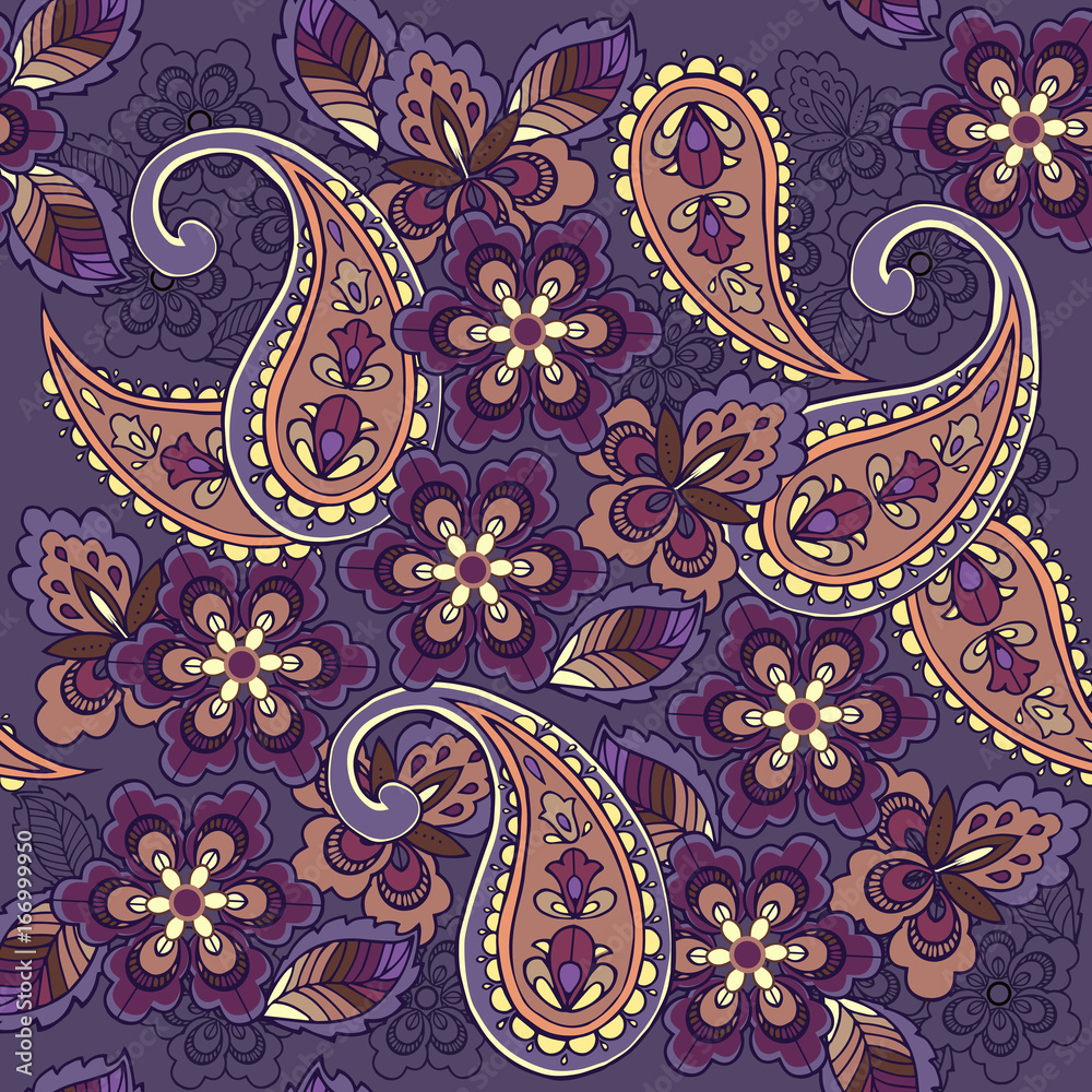 Oriental seamless paisley pattern on a blue background. Decorative ornament backdrop for fabric, textile, wrapping paper