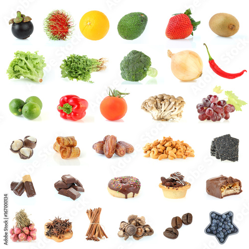 food collection background healthy eating fruits and vegetables isolated on white background