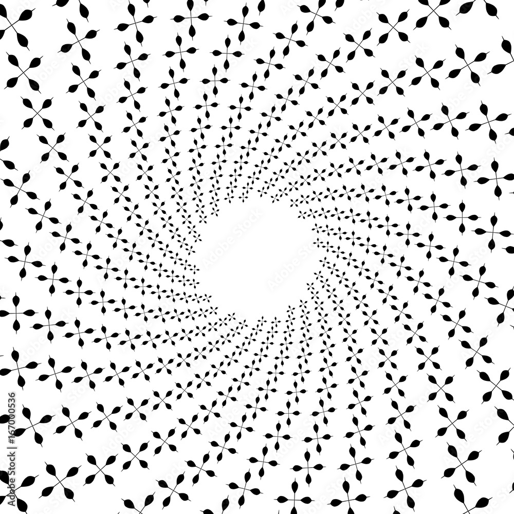 Background, pattern, black and white spiral pattern. Round centered Halftone illustration. Concept, petal, flower