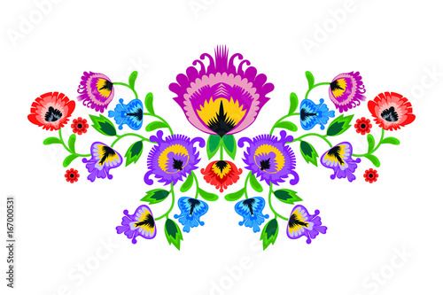 Folk embroidery ornament with flowers. Traditional authentic polish pattern decoration - wycinanka, Wzory Lowickie