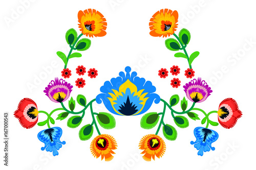 Folk embroidery ornament with flowers. Traditional authentic polish pattern decoration - wycinanka, Wzory Lowickie
