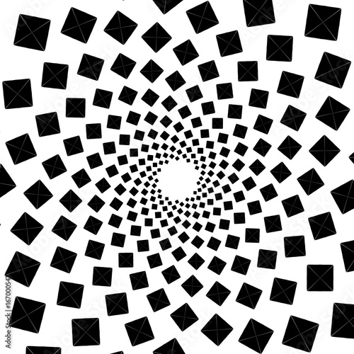 Background, pattern, black and white spiral pattern. Round centered Halftone illustration. Square, shape, geometry, center, conceptual