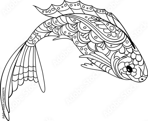 fish zentangle style. Coloring book for adult and kids, antistress coloring pages