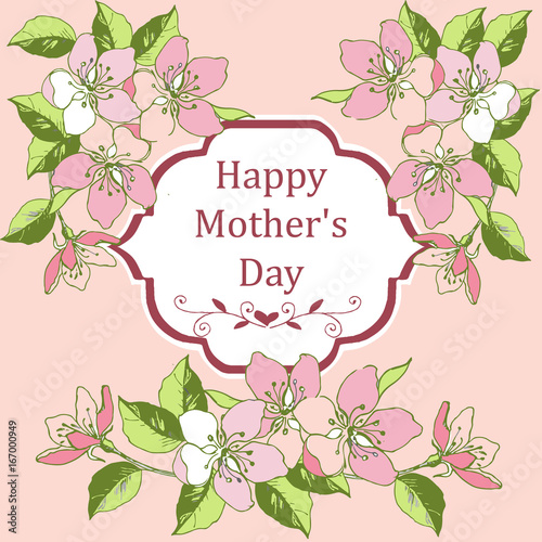 Happy Mother's Day greeting card with branches of cherry blossom, pear.
