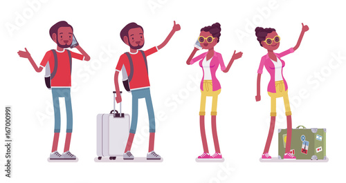 Black male and female tourist standing, phone talking, hitchhiking
