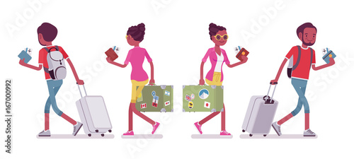 Black male and female tourist walking