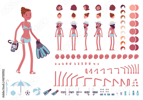 Young slim woman in swimming bikini. Character creation set