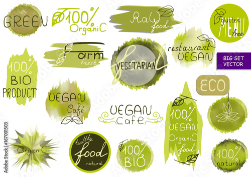 Big vector set of healthy organic food labels for restaurants, cafe. Concept of healthy lifestyle, weight loss