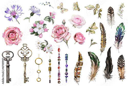  watercolor set with pink roses, keys, feathers, jewelry and herbs. Vintage Flowers. Illustration isolated on white background. Butterfly and leaves photo