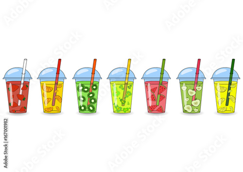Set of smoothies, juices with different flavors. The concept of a healthy lifestyle, proper nutrition, summer. Logo, a banner. Vector Hand painted