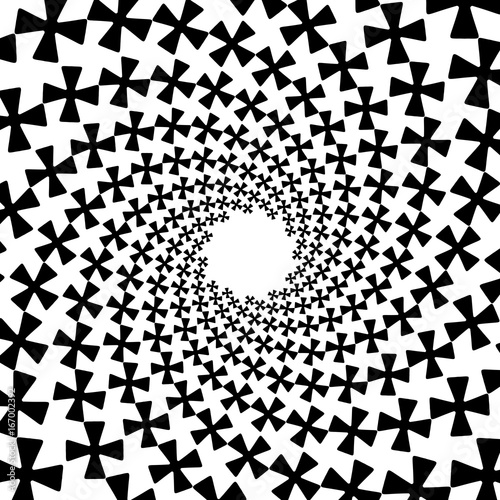 Background, pattern, black and white spiral pattern. Round centered Halftone illustration. Cross, figure, geometry, petal photo