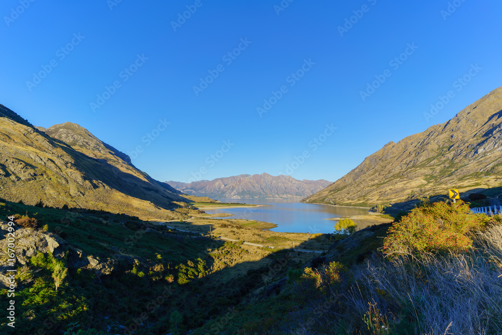 Lake Hawea in clear blue sky , Queenstown-Lakes District , South Island of New Zealand