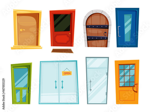 Closed doors of different types. Vector illustrations in cartoon style