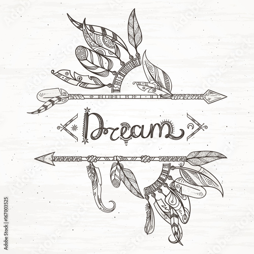 Tribal feathers and arrow. Hand drawn vector illustration background in boho style