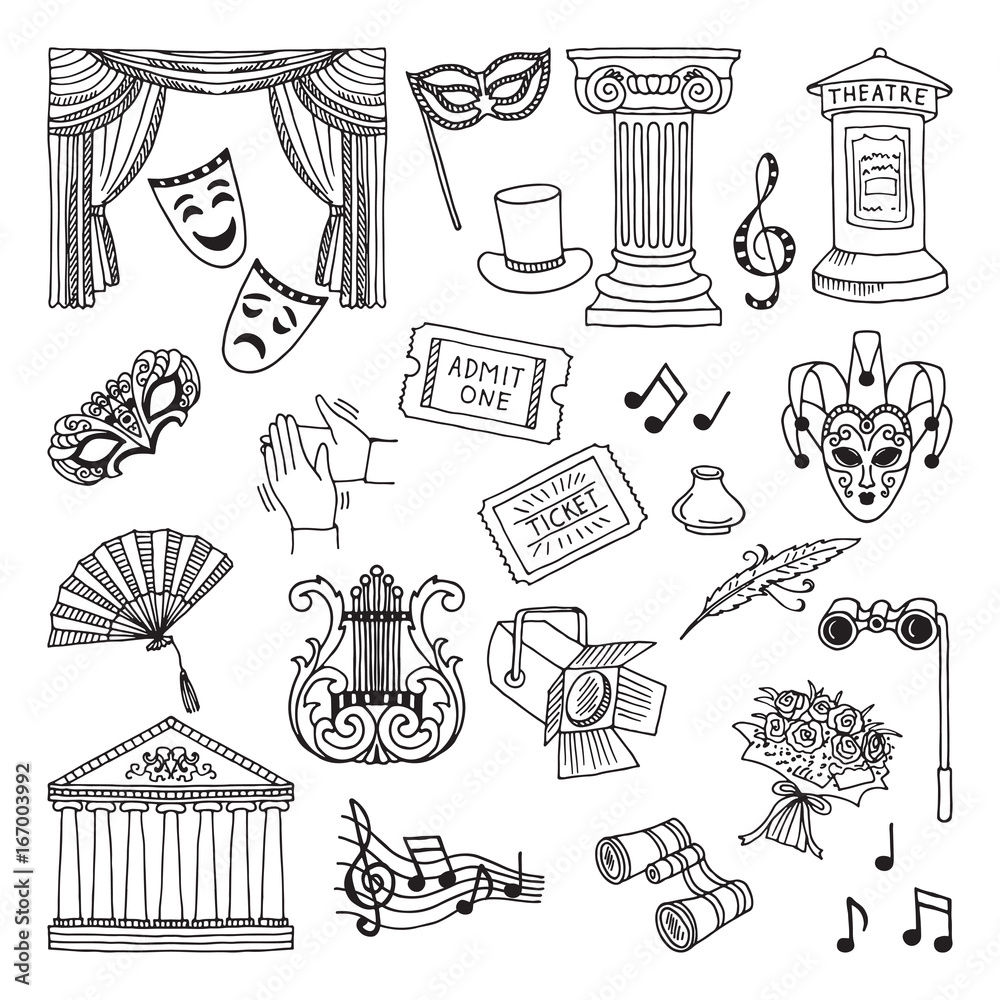 Doodle illustration set of theatre symbols. Lira, binoculars, masks. Opera vector icons - obrazy, fototapety, plakaty 