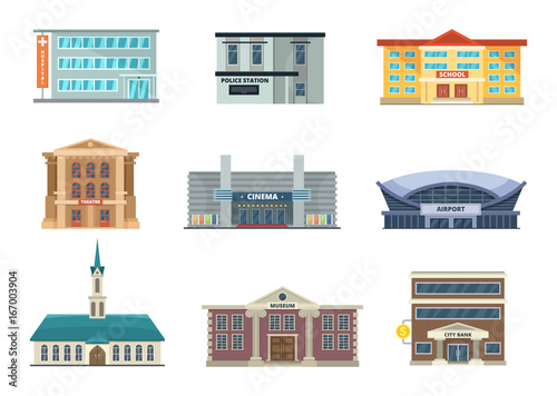 Different municipal buildings. Police station, school, hospital. Bank, business center and others. Vector pictures in cartoon style