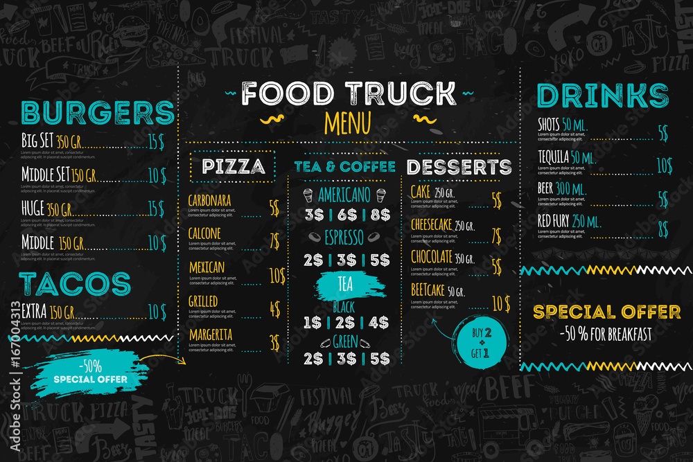 Junk Food festival menu template, street restaurant brochure cover. Modern truck flyer with hand-drawn lettering and items. Vector menu board.