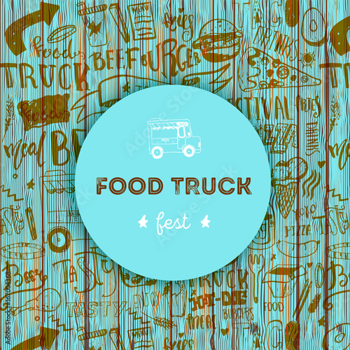 Street junk food festival menu cover design on wooden background. Festival Design template with hand-drawn graphic elements and lettering. Vector menu board.