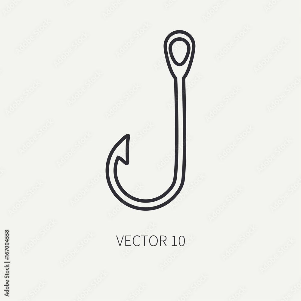 Line flat vector fisher and camping icon fishing hook. Fisherman equipment. Retro cartoon style. Holiday travel. Spinning. Lake. Boat. Nature. Illustration and element for your design and wallpaper.