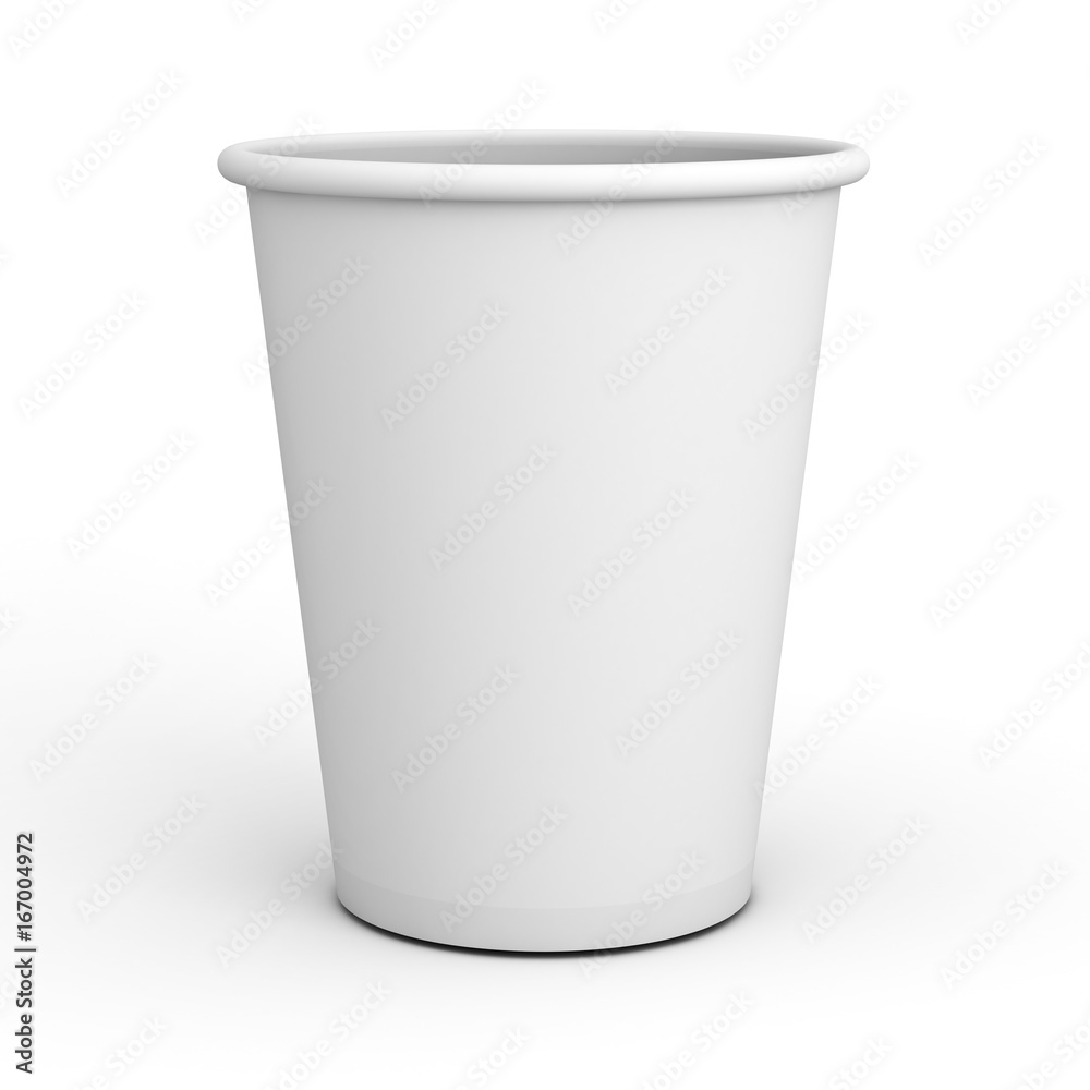 Blank white paper cup close up isolated on white background with shadow . 3D rendering. Blank white paper cup close up isolated on white background with shadow . 3D rendering.