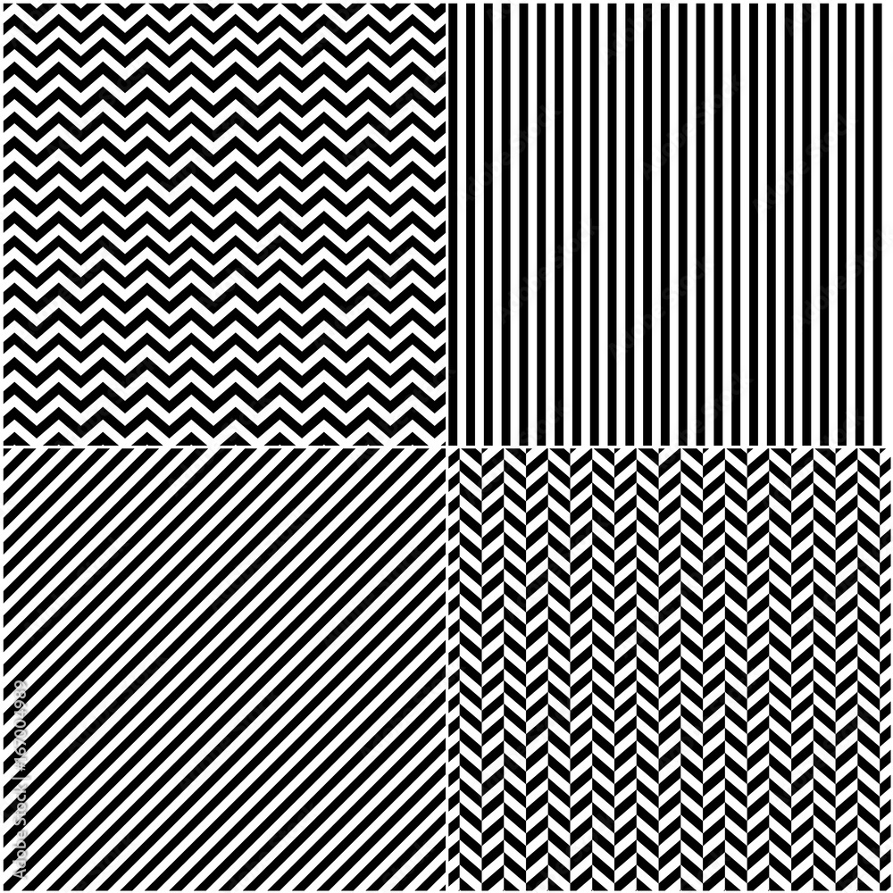 Four classic black_and white lines seamless patterns collection. Diagonal, chevron, zigzag and vertical straight lines seamless monochrome pattern. Monochrome stripes texture background. 