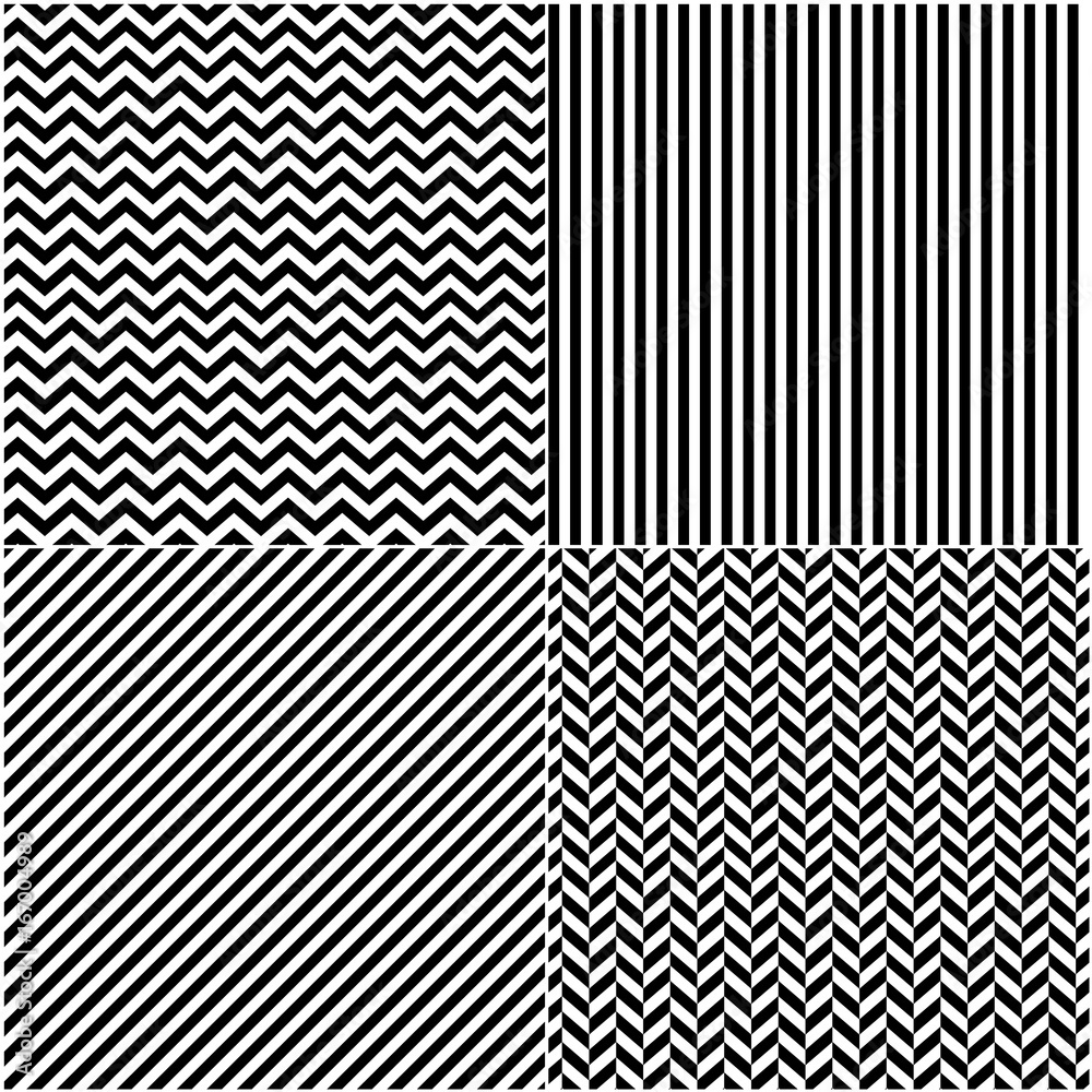 Four classic black_and white lines seamless patterns collection. Diagonal, chevron, zigzag and vertical straight lines seamless monochrome pattern. Monochrome stripes texture background. 