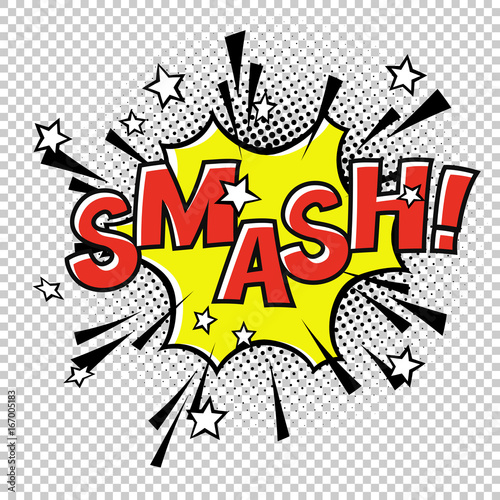 Smash! Comic sound. Comic speech bubble. Halftone transparent background