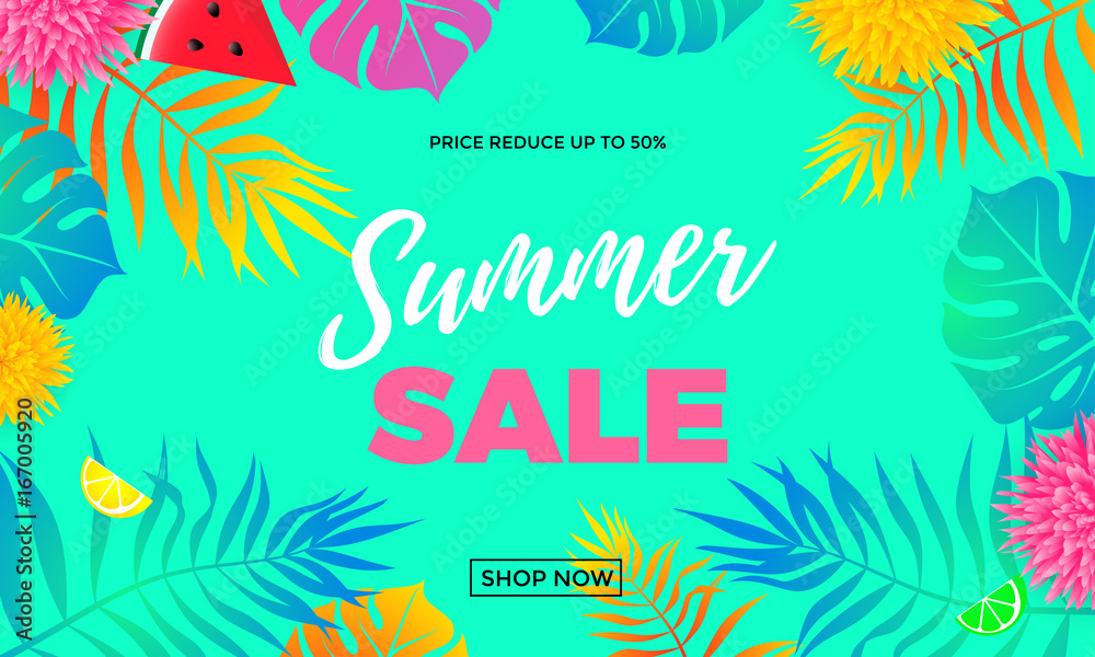 Summer sale price reduce shopping vector palm leaf banner Summer sale price reduce shopping vector palm leaf banner