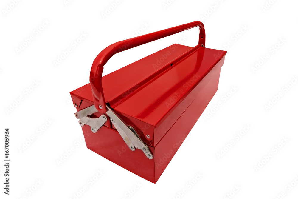 red metallic closed iconic toolbox on white background red metallic closed iconic toolbox on white background