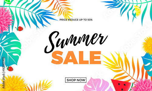 Summer sale price reduce shopping vector palm leaf banner