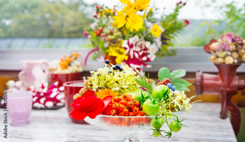 Autumn decoration with flowers and fruits, Thanksgiving Autumn decoration with flowers and fruits, Thanksgiving