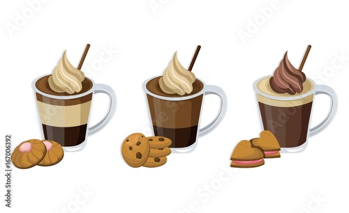 Coffee or Chocolate cocktail set Vector summer sweet drinks fresh tasty cookies