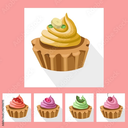 Delicious chocolate tartlet collection decor Vector illustration